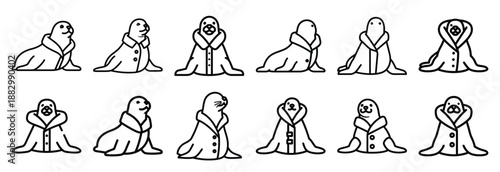 Collection of  fur seal thick  line art icons on white background. Set of animal linear symbols. Vector illustration.