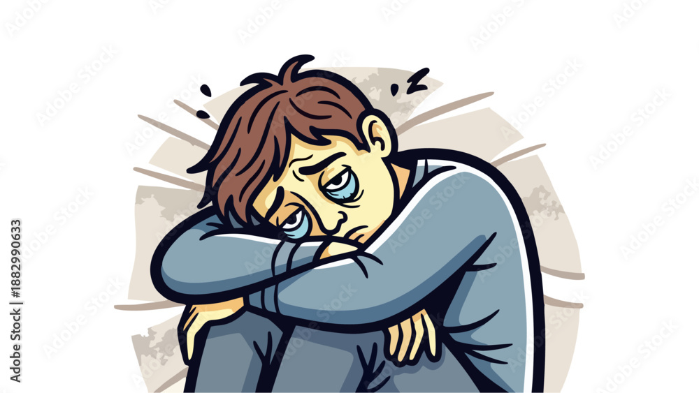 Fototapeta premium Sad Man with Sleep Deprivation and Depression Illustration on White Background