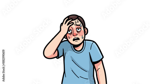 Stressed Man Feeling Overheated Sick or Exhausted Cartoon Illustration on White Background