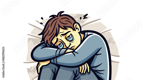 Sad Man with Sleep Deprivation and Depression Illustration on White Background