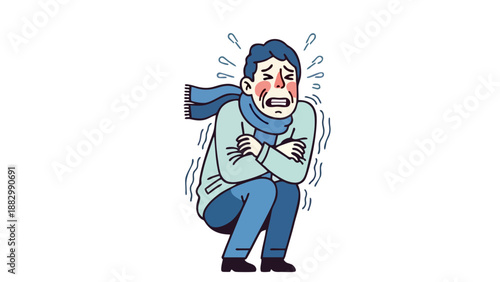 Cartoon Man Shivering from Cold Weather Wearing Scarf Isolated on White Background