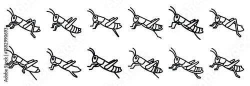 Collection of  grasshopper jump pose  line art icons on white background. Set of animal linear symbols. Vector illustration.