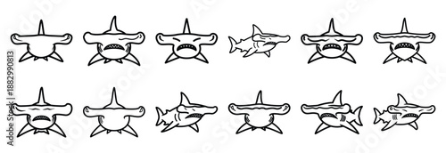 Collection of  hammerhead shark wide  line art icons on white background. Set of animal linear symbols. Vector illustration.