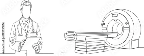 Doctor with Clipboard Standing Near MRI Scanner Line Art Medical Diagnostic Equipment Vector Illustration
