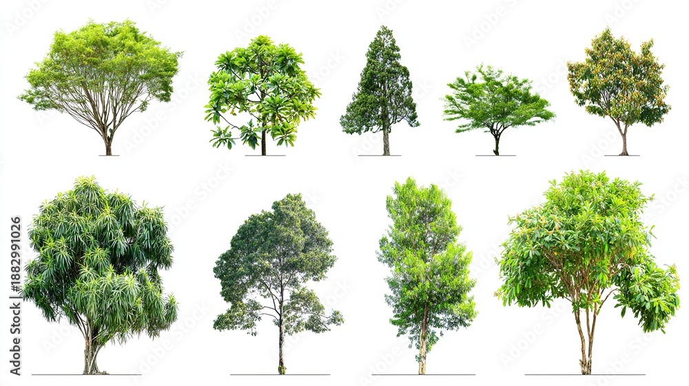 Fototapeta premium herbarium. A diverse assortment of green trees showcased in a clean botanical illustration style on white background. gardening catalogs.