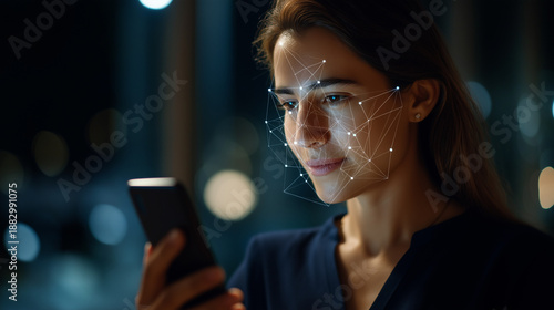 Faceless female scans face using facial recognition system smartphone biometric identification future digital high tech technology face ID security cyber authentication