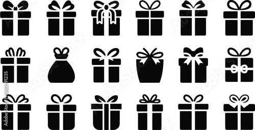 A range of eighteen black silhouette gift icons including boxes and bags with diverse bow styles