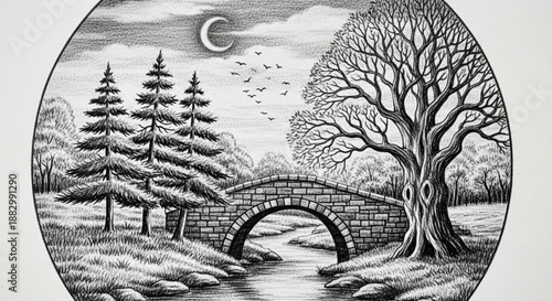Moonlit stone bridge over serene stream with trees and pine forest under crescent moon