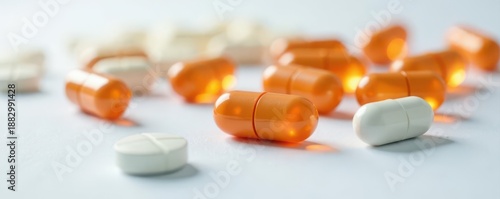 Close-up antibiotic capsules; selective focus, white backdrop, health, background, white