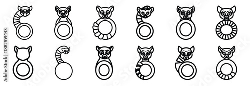 Collection of  lemur ring tail  line art icons on white background. Set of animal linear symbols. Vector illustration.