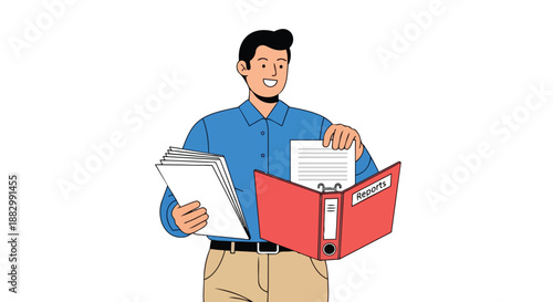 A cheerful professional is diligently organizing a stack of important reports and documents into a bright red ring binder, ensuring meticulous