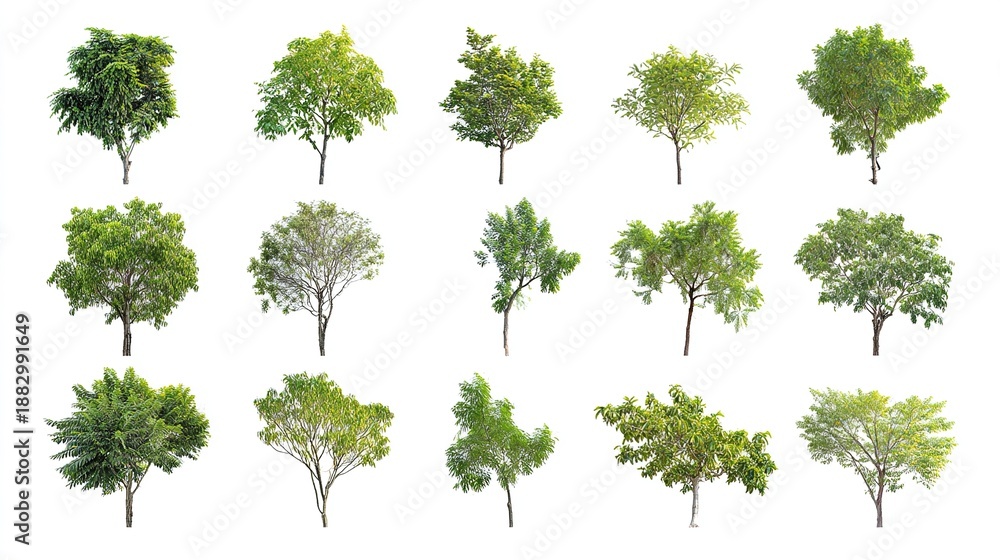 Fototapeta premium herbarium. A diverse assortment of green trees showcased in a clean botanical illustration style on white background. gardening catalogs.