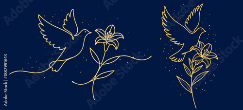 Golden continuous line art depicts two doves alongside lilies on dark blue background, with one dove carrying a lily. This symbolic design evokes heaven, peace, and purity, perfect for greeting cards,