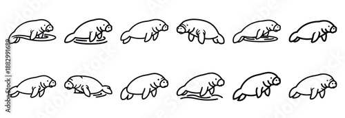 Collection of  manatee gentle float  line art icons on white background. Set of animal linear symbols. Vector illustration.