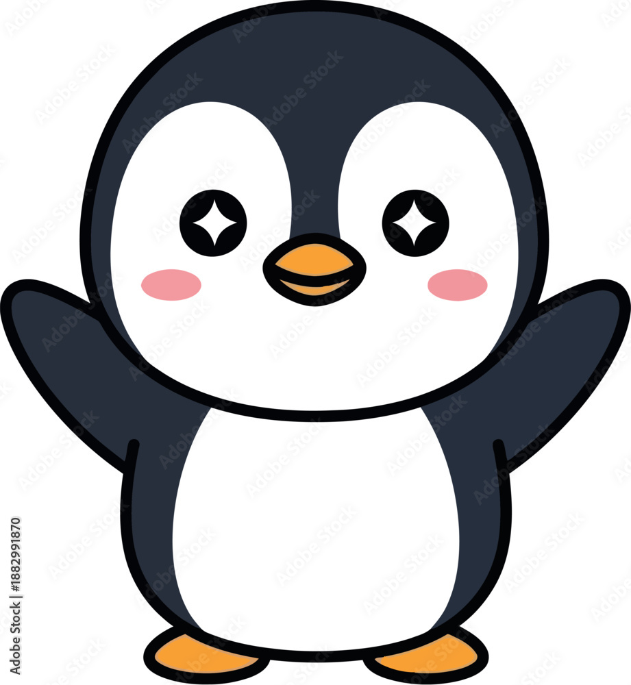 Obraz premium Cute cartoon penguin illustration standing on ground with hands up