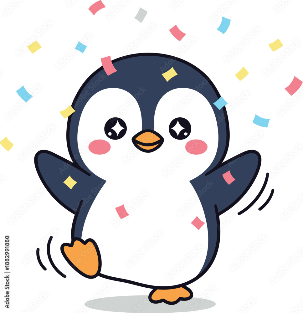 Obraz premium A cartoon penguin dances happily with confetti around it in celebration.