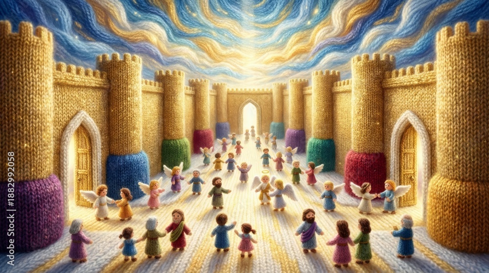 Fototapeta premium Knitted kingdom of heaven with angels, children, and apostles. Biblical Christian story for kid learning and teaching. Yarn art for childrens stories.