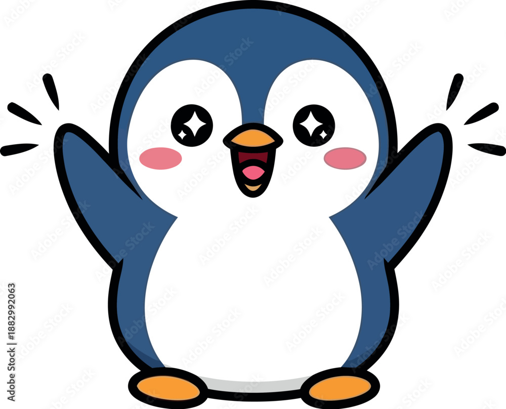 Fototapeta premium A cartoon penguin illustration jumps up excitedly with hands raised.