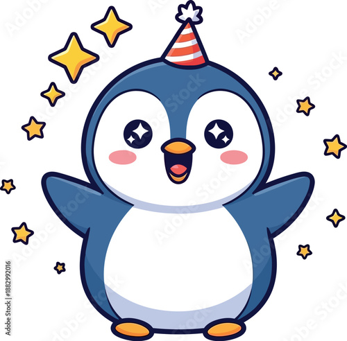 A cartoon penguin wearing a party hat, surrounded by stars, celebrates a joyful occasion, happy illustration, white background, front view.