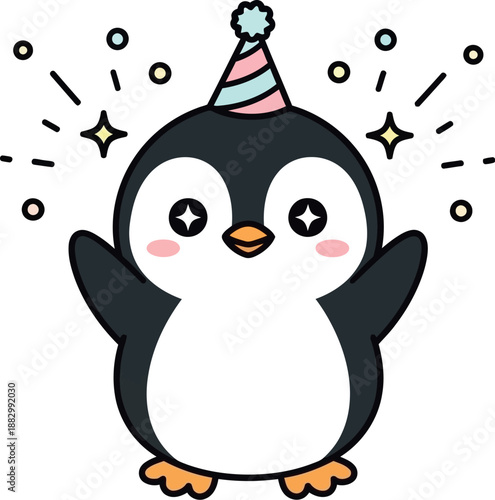 Cute penguin wearing party hat celebrates with sparks and confetti around it