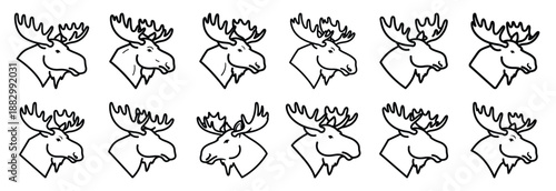 Collection of  moose head profile  line art icons on white background. Set of animal linear symbols. Vector illustration.