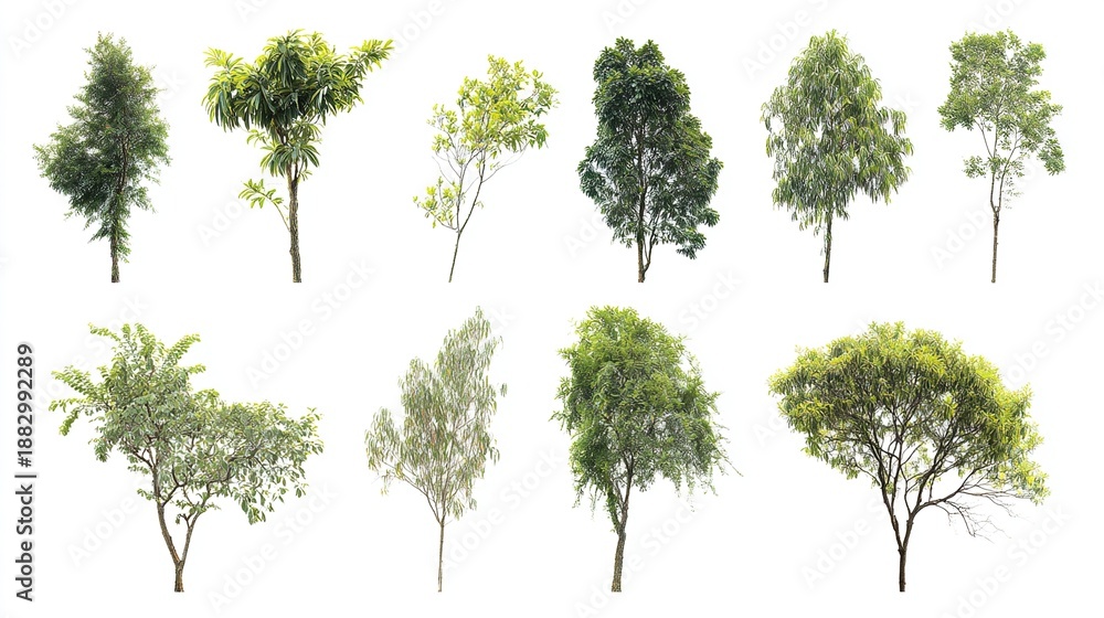 Fototapeta premium herbarium. A diverse assortment of green trees showcased in a clean botanical illustration style on white background. gardening catalogs.