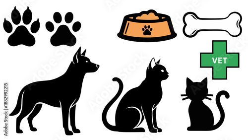 Set of Black Silhouette Icons for Pet Care Dog Cat Food Bowl Paw Prints and Vet Sign