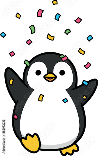 A cartoon penguin celebrates with confetti falling around it happily outside now