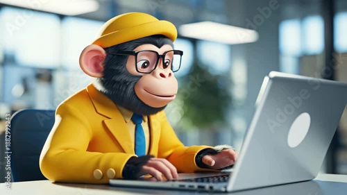 An adorable cartoon monkey wearing glasses and business attire works with a laptop in an office