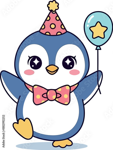 A cartoon penguin wears a party hat and bow tie holding a balloon.