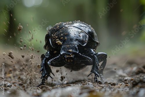 Close view of a black beetle moving through soil with dirt flying around in a forest environment during daytime