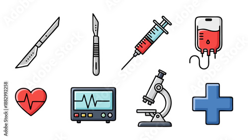 Set of Medical and Healthcare Equipment Flat Icons for Clinic and Hospital Design