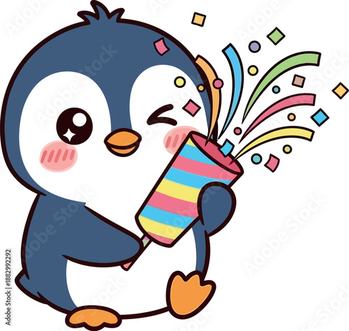 A cartoon penguin celebrates with a colorful confetti popper in its hand.