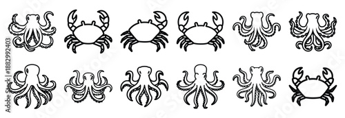 Collection of  octopus tentacles  line art icons on white background. Set of animal linear symbols. Vector illustration.