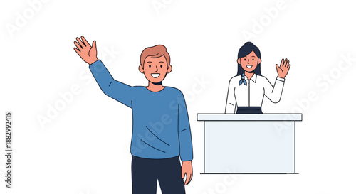 Friendly cartoon figures, a welcoming male and a professional female at a desk, both cheerfully waving in a simple, clean, and illustrative digital