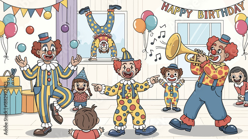 Vibrant birthday celebration with playful circus clowns delighting children through various acts, including juggling, music, and acrobatics in a colorful indoor setting