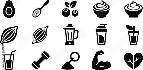 A varied collection of black silhouette icons representing healthy lifestyle choices and fitness