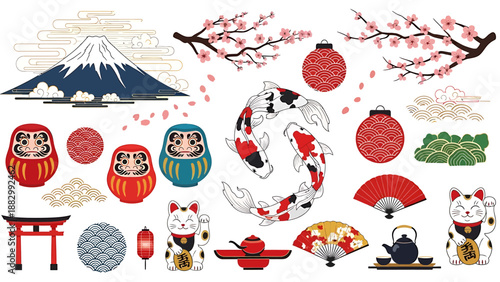 Japanese Cultural Icons and Symbols Collection Mt Fuji, Daruma Dolls, Koi Fish, Torii Gate, and Cherry Blossoms