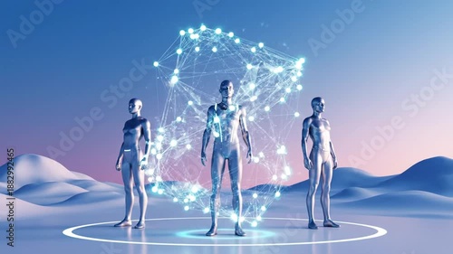 Three glowing human figures exchanging information in a circle on a futuristic desert landscape with a vibrant sky