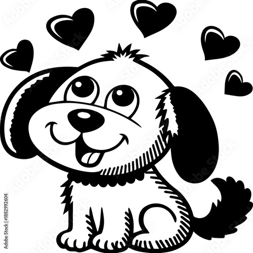 SVG vector illustration of a Valentine-themed dog.Cute Cartoon Dog Holding Heart Balloons Smiling Joyfully