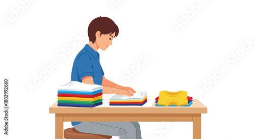 A focused individual demonstrates household efficiency, meticulously folding vibrant, clean apparel into neat stacks on a wooden table, representing