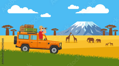African Safari Vector Illustration of Tourist in Jeep Watching Wildlife in Flat Design