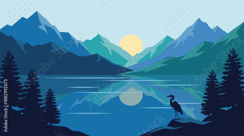 Minimalist Mountain Lake Landscape Vector Illustration in Flat Design with Heron and Sunset