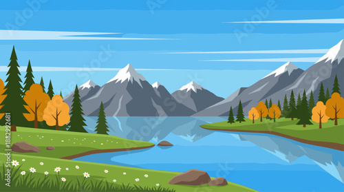 Flat Design Vector Illustration of a Calm Mountain Lake Landscape with Autumn Trees and Snow Peaks