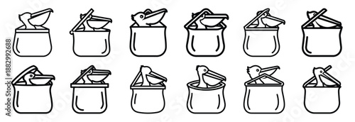 Collection of  pelican pouch open  line art icons on white background. Set of animal linear symbols. Vector illustration.