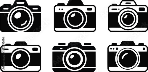 A varied set of six outline and filled icons representing different types of photographic cameras