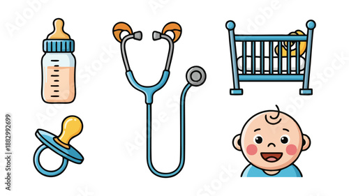 Pediatric Care Icons Set Baby Health Medical Checkup and Infant Supplies Collection