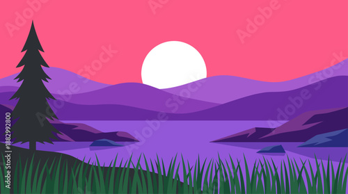 Vector Illustration of a Minimalist Lake Sunset Landscape in Flat Design Style