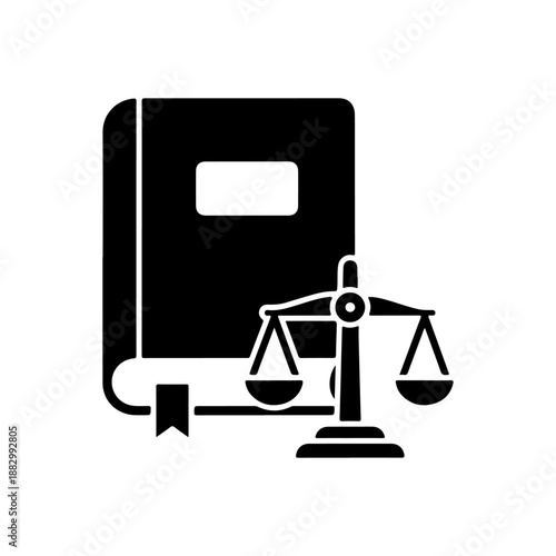 A conceptual black and white icon representing law and justice, featuring a book and scales of justice, symbolizing legal concepts and fairness