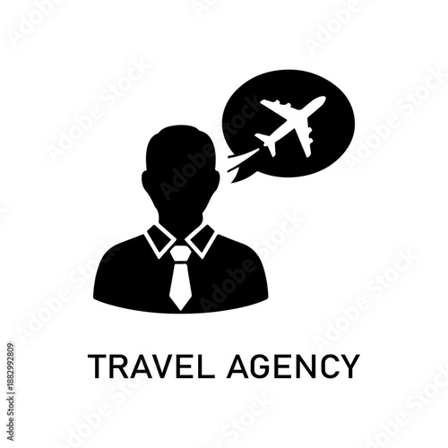 Travel agency concept with a businessman and airplane in speech bubble, symbolizing business travel and aviation services
